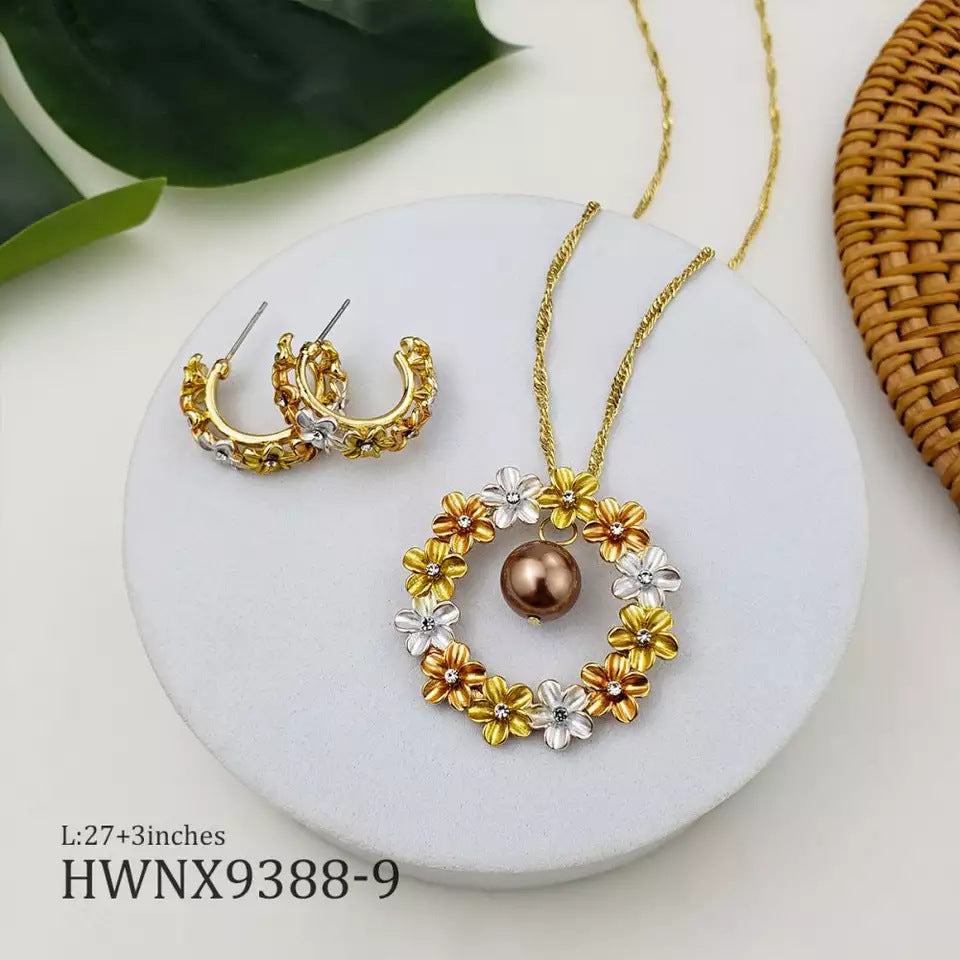 Conjunto de joyas de pendientes de cobre y perlas con corona tricolor hawaiana al por mayor